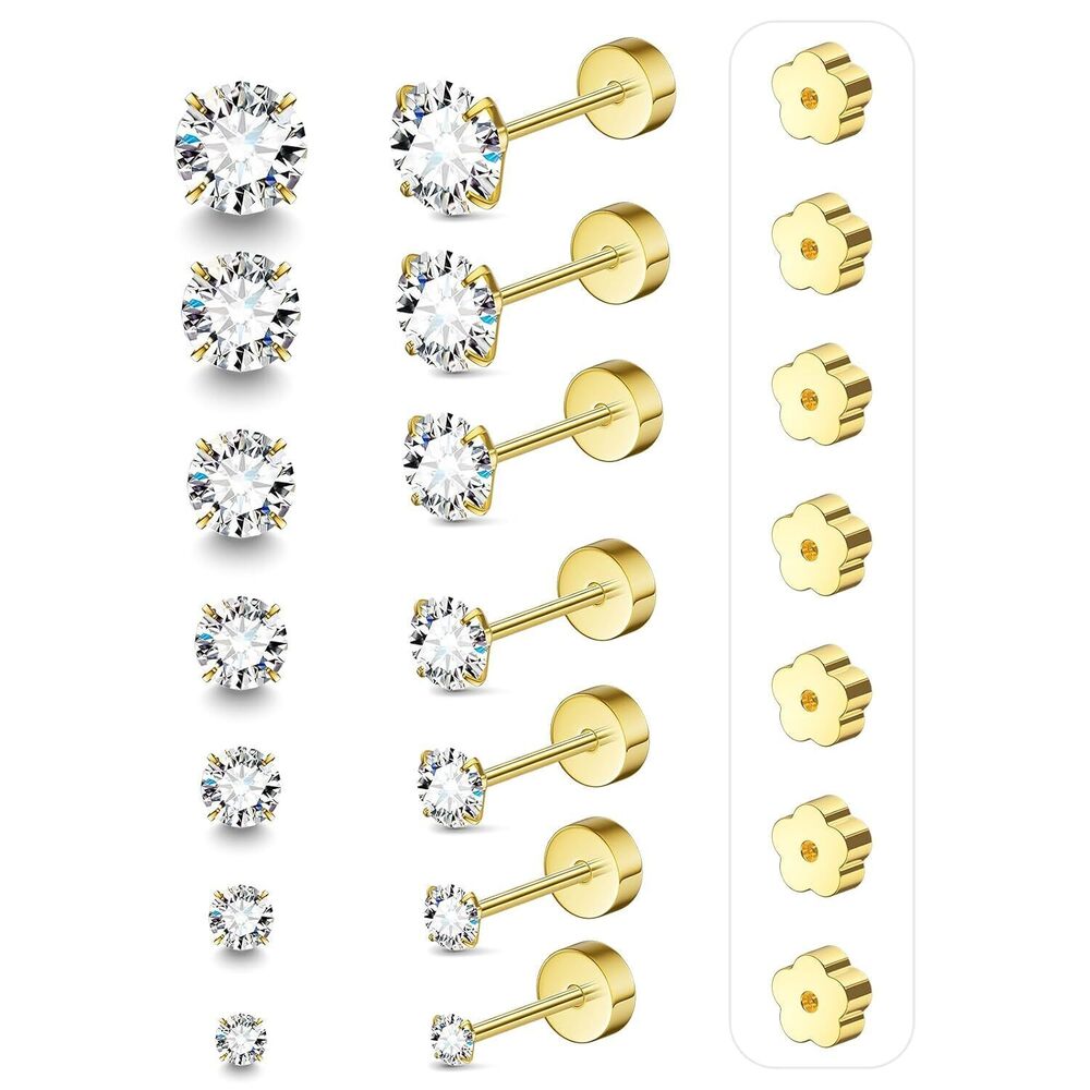 Gold Stud Earrings 7 Pairs Hypoallergenic Surgical Steel